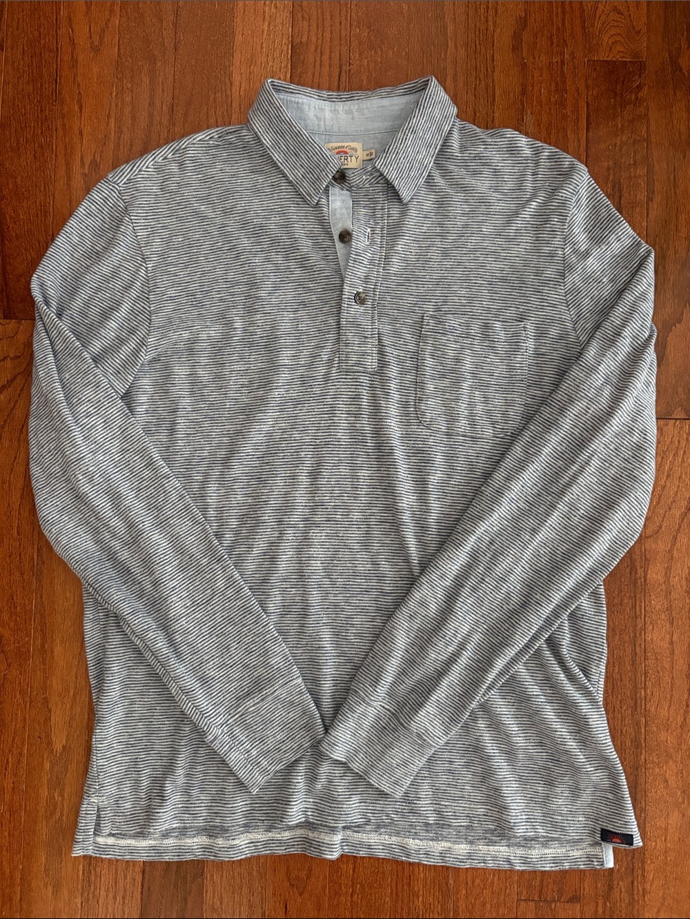 FAHERTY Men's Blue Striped Long-Sleeve Polo Shirt Organic Cotton Size Medium